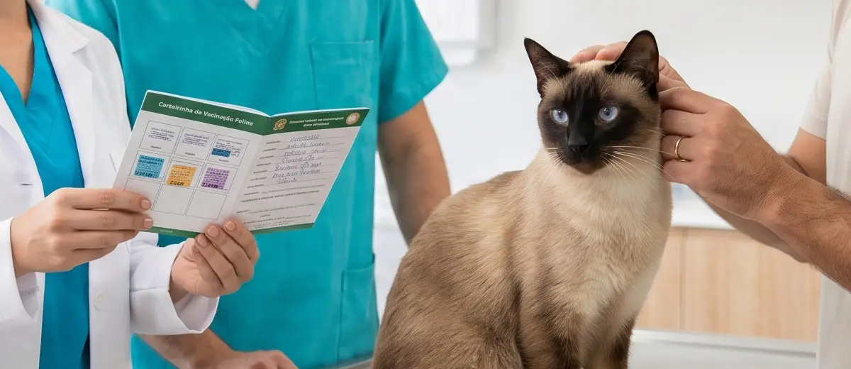 Gato adulto em consulta com veterinária revisando o histórico vacinal.
