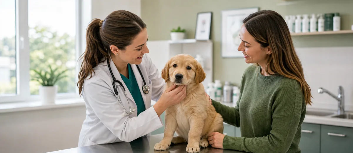 Filhote sendo avaliado por veterinária antes da vacinação.