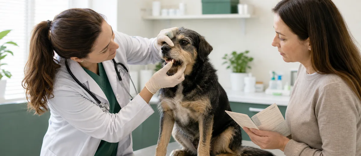 Cão sem idade conhecida sendo avaliado por veterinária com apoio do tutor.