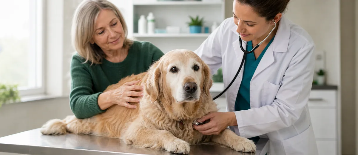 Cão idoso sendo examinado por veterinária durante avaliação clínica.